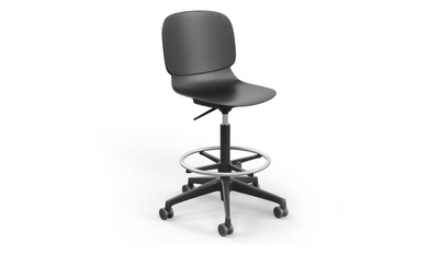 arhus Swivel Counter Stool by Quell Design in black positioned around a modern kitchen island with wooden countertops and pendant lighting. Featuring a smooth moulded polypropylene seat, adjustable gas-lift height, 360-degree swivel, integrated footrest ring, and sturdy five-star base, this Scandinavian-inspired stool blends ergonomic comfort with minimalist contemporary style for residential and commercial interiors.