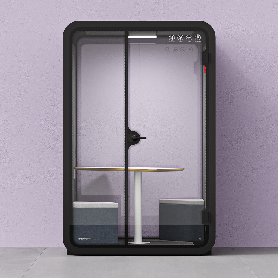 Office Phone Booth Quell - 2 PersonWooden / Dark Gray / Meeting Room + Table + Corner Stool