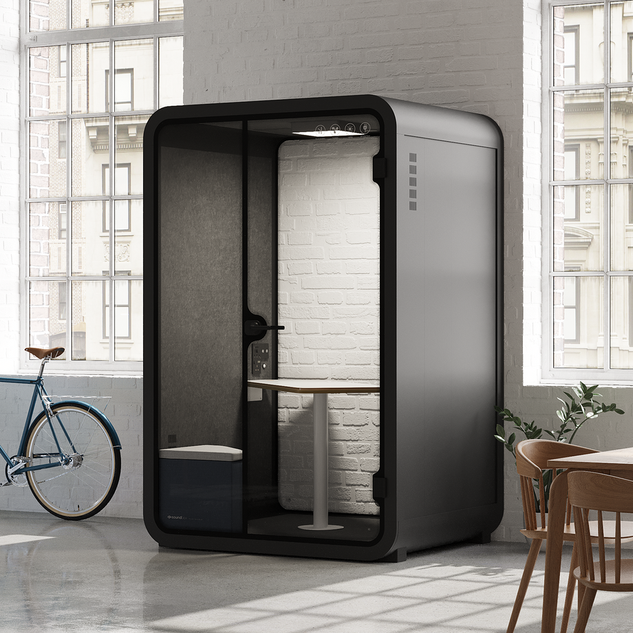 Office Phone Booth Quell - 2 PersonCharcoal / Dark Gray / Meeting Room + Table + Corner Stool