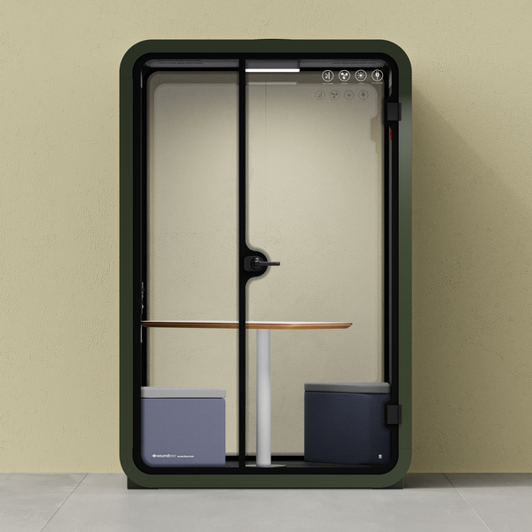 Office Phone Booth Quell - 2 PersonGreen / Dark Gray / Meeting Room + Table + Corner Stool