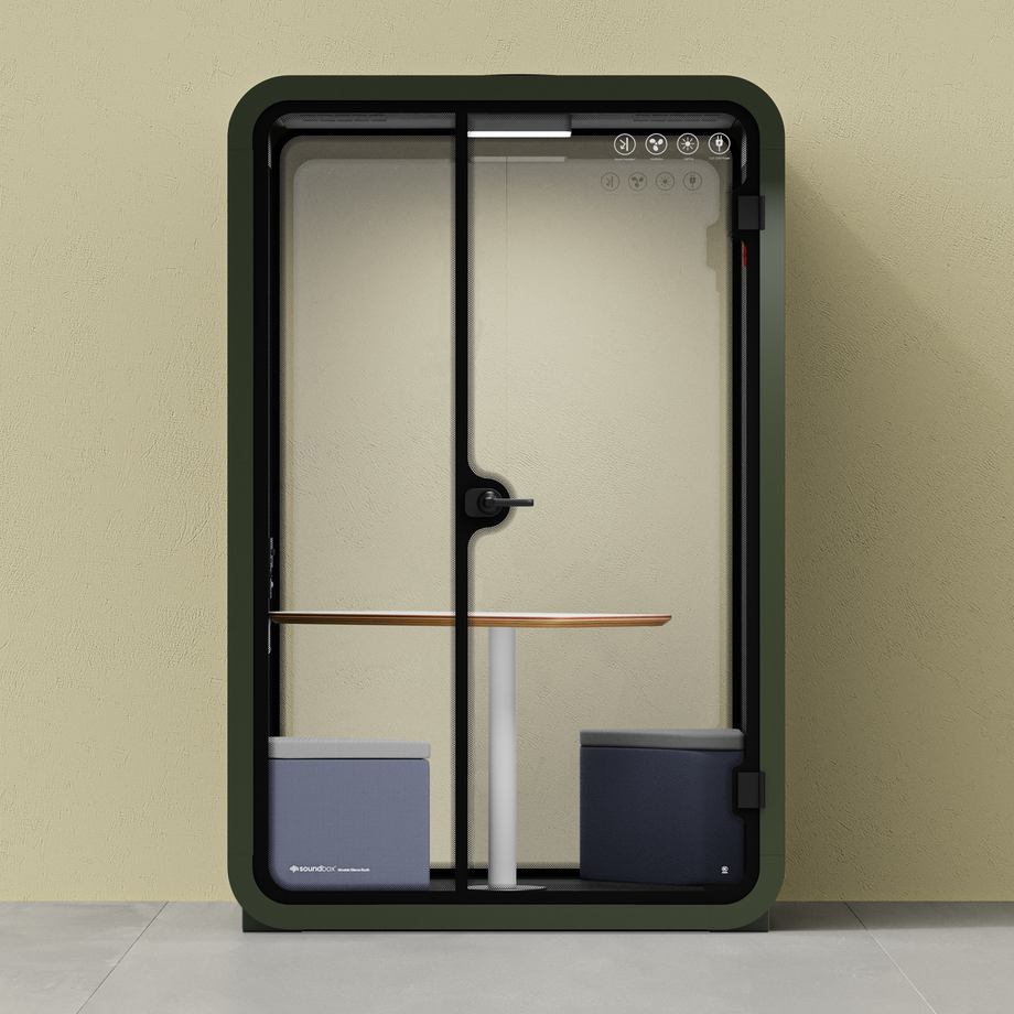Office Phone Booth Quell - 2 PersonGreen / Dark Gray / Meeting Room + Table + Corner Stool