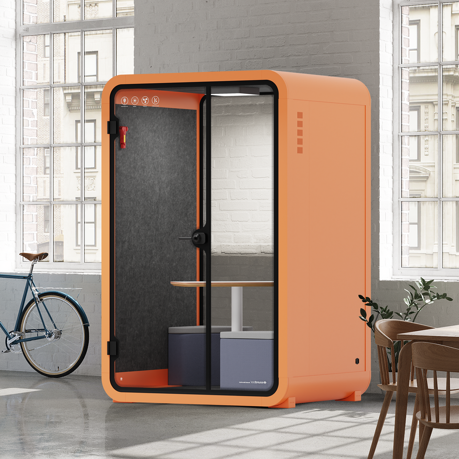 Office Phone Booth Quell - 2 PersonOrange / Dark Gray / Meeting Room + Table + Corner Stool