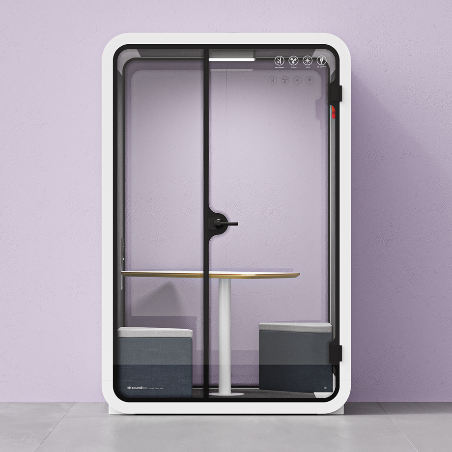 Office Phone Booth Quell - 2 PersonWhite / Dark Gray / Meeting Room + Table + Corner Stool