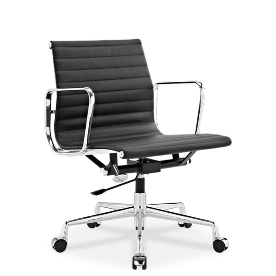 Medium Back Ribbed Leather Office Chair Black