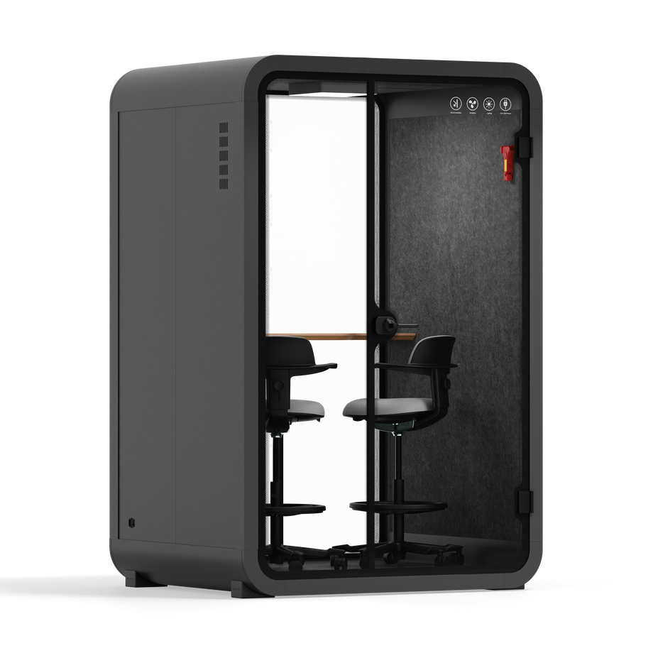 Office Phone Booth Quell - 2 PersonCharcoal / Dark Gray / Dual Zoom Room + Device Shelf + 2 Barstools