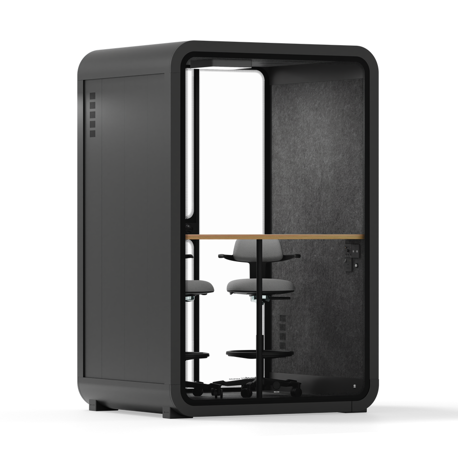 Office Phone Booth Quell - 2 PersonCharcoal / Dark Gray / Dual Zoom Room + Device Shelf + 2 Barstools