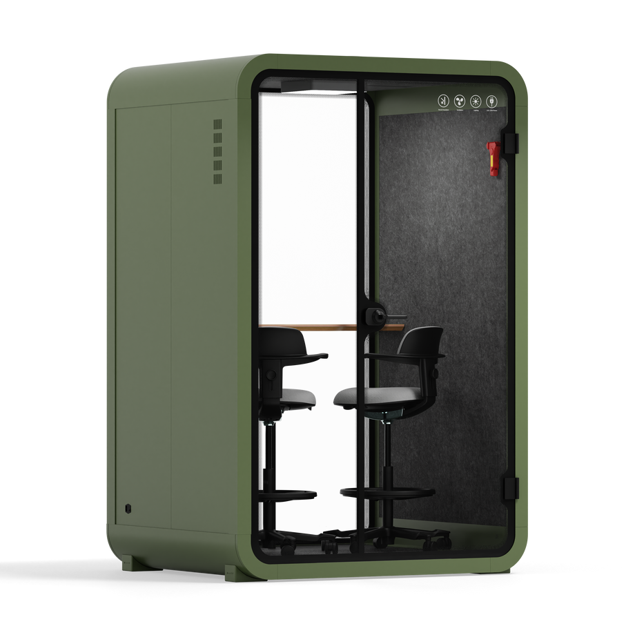 Office Phone Booth Quell - 2 PersonGreen / Dark Gray / Dual Zoom Room + Device Shelf + 2 Barstools