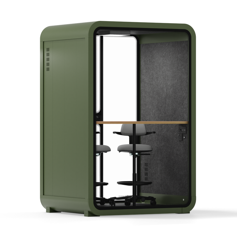 Office Phone Booth Quell - 2 PersonGreen / Dark Gray / Dual Zoom Room + Device Shelf + 2 Barstools