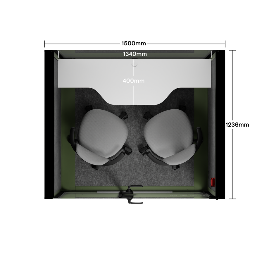 Office Phone Booth Quell - 2 PersonGreen / Dark Gray / Dual Zoom Room + Device Shelf + 2 Barstools