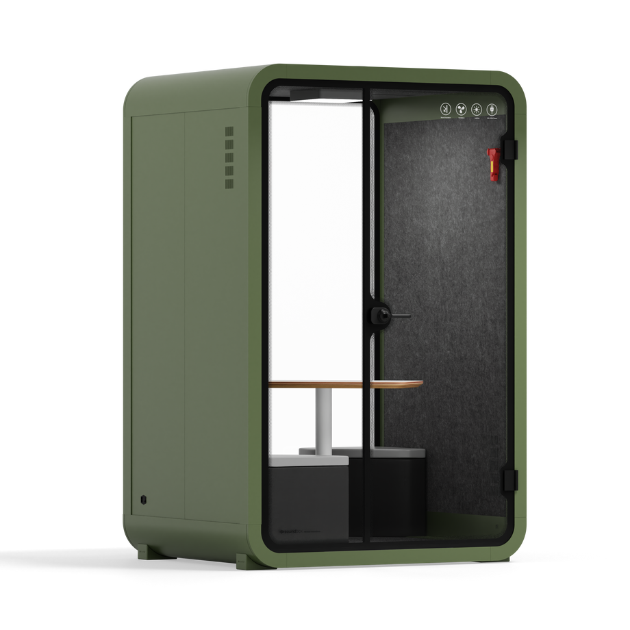 Office Phone Booth Quell - 2 PersonGreen / Dark Gray / Meeting Room + Table + Corner Stool