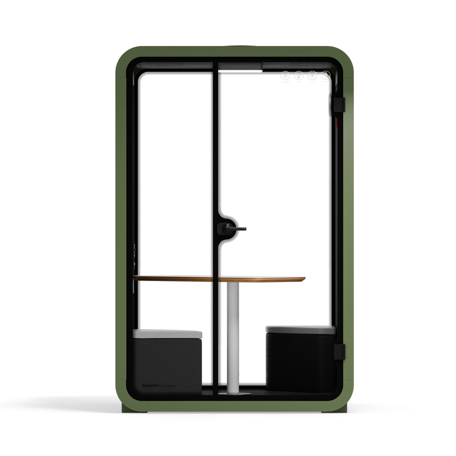 Office Phone Booth Quell - 2 PersonGreen / Dark Gray / Meeting Room + Table + Corner Stool