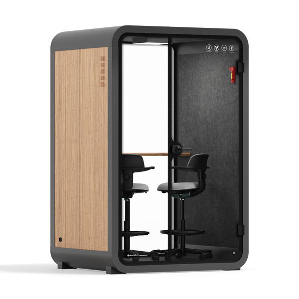 Office Phone Booth Quell - 2 PersonWooden / Dark Gray / Dual Zoom Room + Device Shelf + 2 Barstools