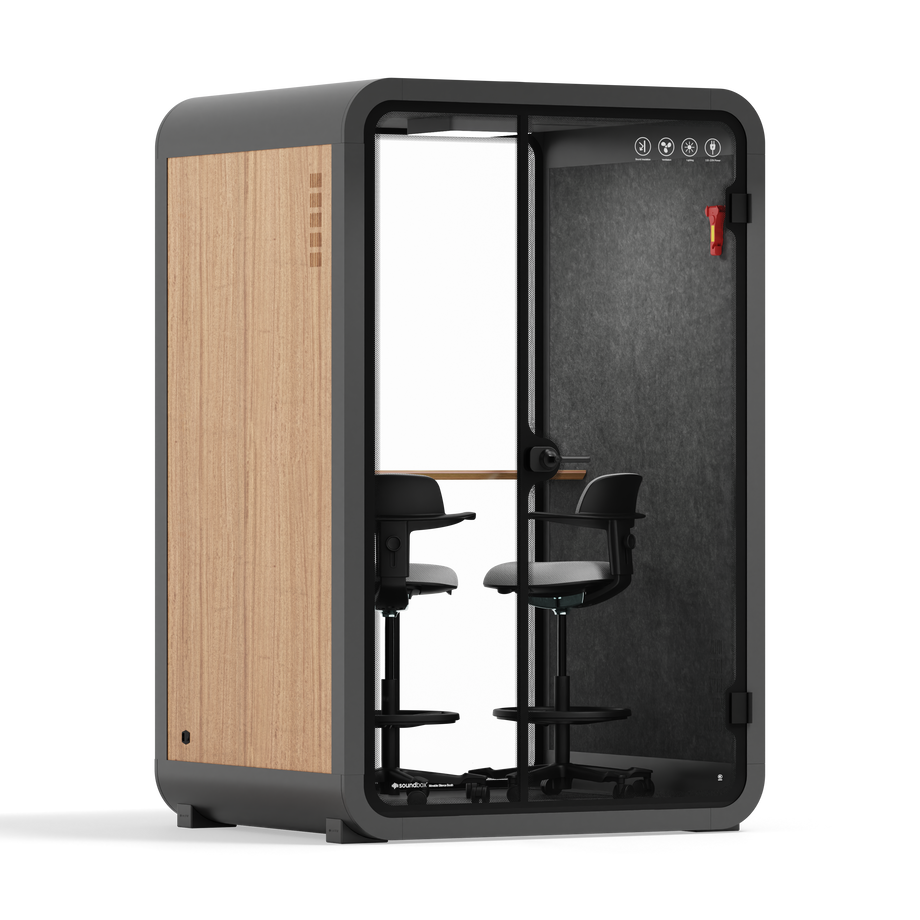 Office Phone Booth Quell - 2 PersonWooden / Dark Gray / Dual Zoom Room + Device Shelf + 2 Barstools