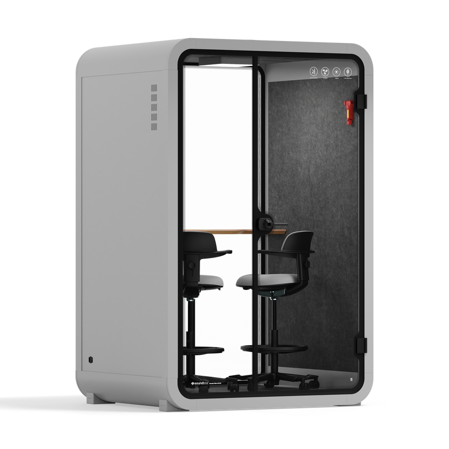 Office Phone Booth Quell - 2 PersonLight Grey / Dark Gray / Dual Zoom Room + Device Shelf + 2 Barstools