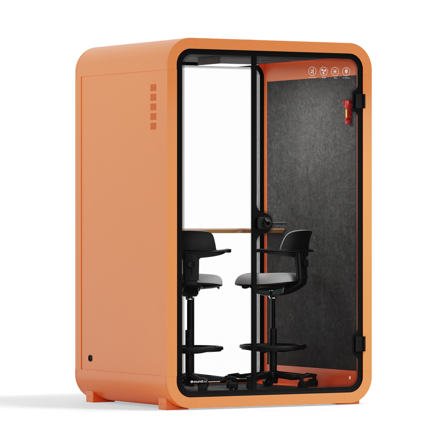 Office Phone Booth Quell - 2 PersonOrange / Dark Gray / Dual Zoom Room + Device Shelf + 2 Barstools