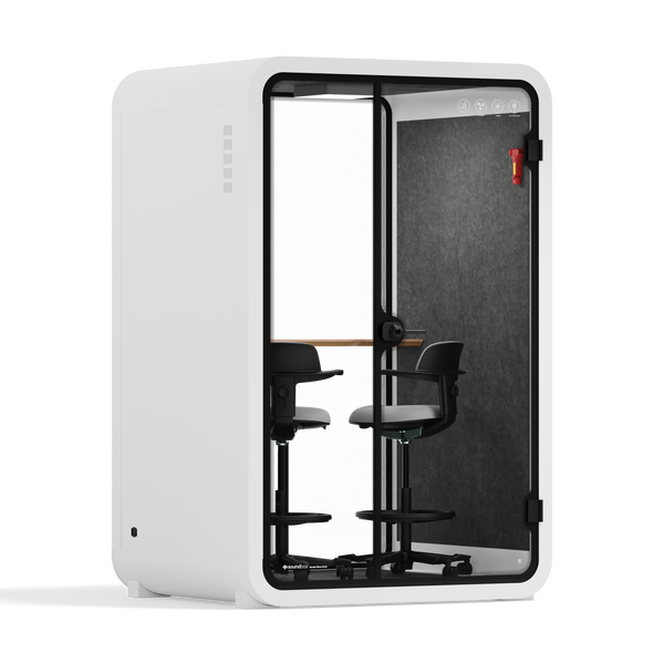 Office Phone Booth Quell - 2 PersonWhite / Dark Gray / Dual Zoom Room + Device Shelf + 2 Barstools