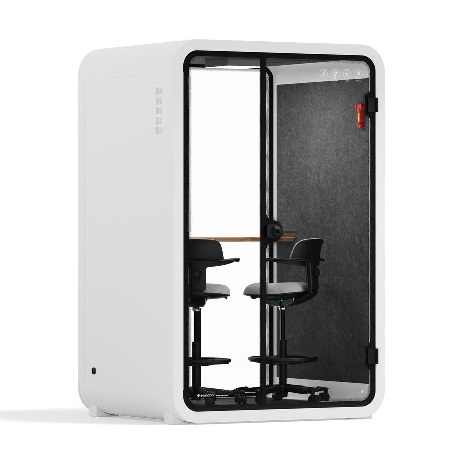 Office Phone Booth Quell - 2 PersonWhite / Dark Gray / Dual Zoom Room + Device Shelf + 2 Barstools