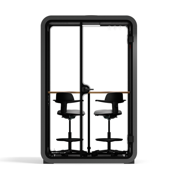 Office Phone Booth Quell - 2 PersonWooden / Dark Gray / Dual Zoom Room + Device Shelf + 2 Barstools
