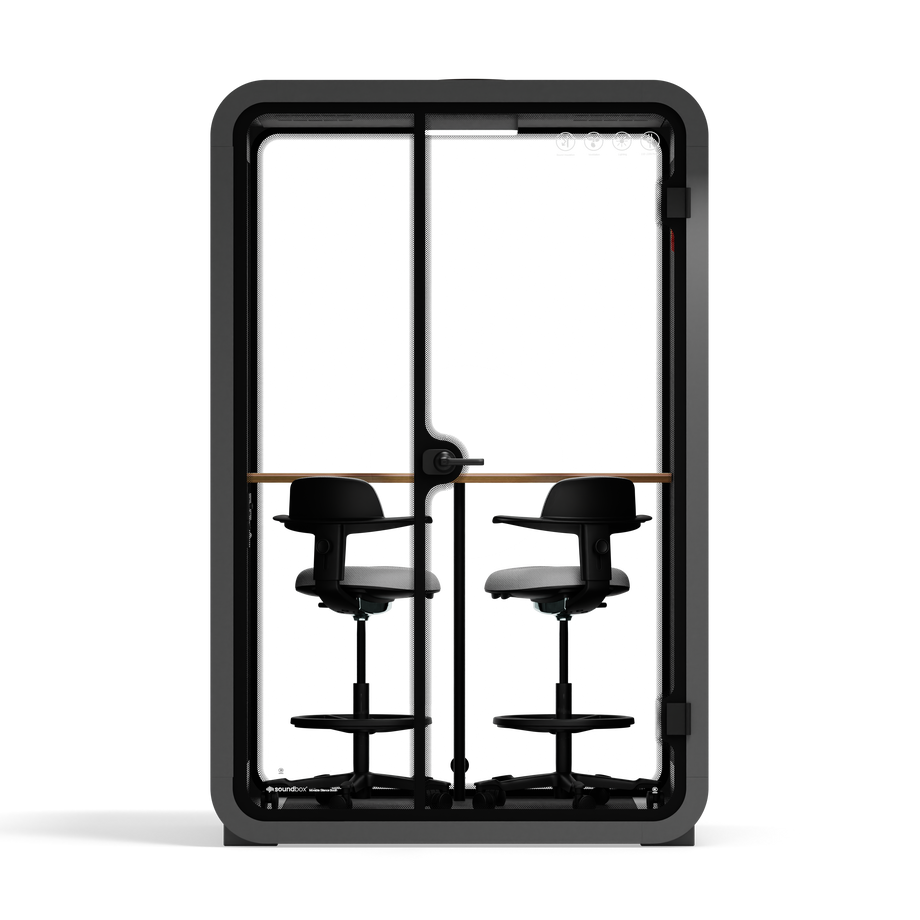 Office Phone Booth Quell - 2 PersonWooden / Dark Gray / Dual Zoom Room + Device Shelf + 2 Barstools
