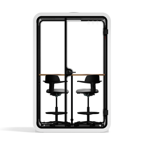 Office Phone Booth Quell - 2 PersonWhite / Dark Gray / Dual Zoom Room + Device Shelf + 2 Barstools