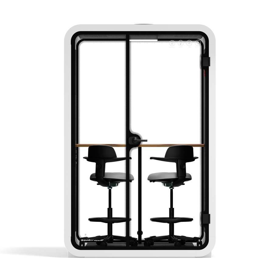 Office Phone Booth Quell - 2 PersonWhite / Dark Gray / Dual Zoom Room + Device Shelf + 2 Barstools