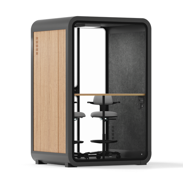 Office Phone Booth Quell - 2 PersonWooden / Dark Gray / Dual Zoom Room + Device Shelf + 2 Barstools