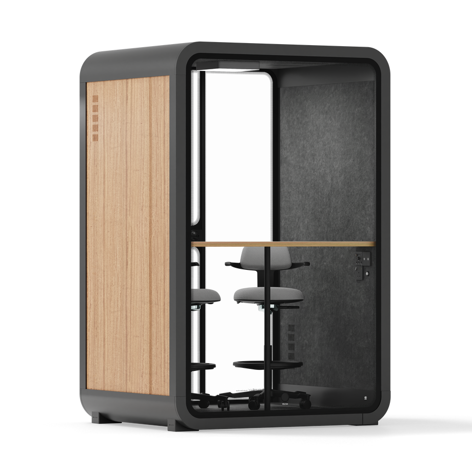 Office Phone Booth Quell - 2 PersonWooden / Dark Gray / Dual Zoom Room + Device Shelf + 2 Barstools