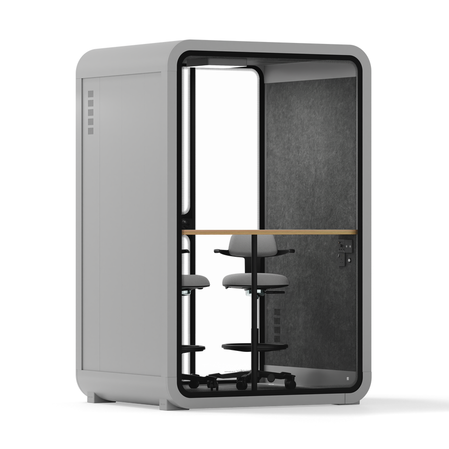 Office Phone Booth Quell - 2 PersonLight Grey / Dark Gray / Dual Zoom Room + Device Shelf + 2 Barstools