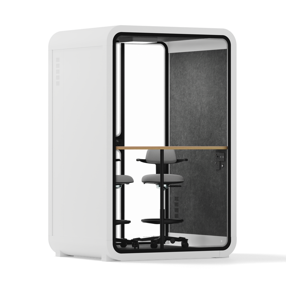 Office Phone Booth Quell - 2 PersonWhite / Dark Gray / Dual Zoom Room + Device Shelf + 2 Barstools