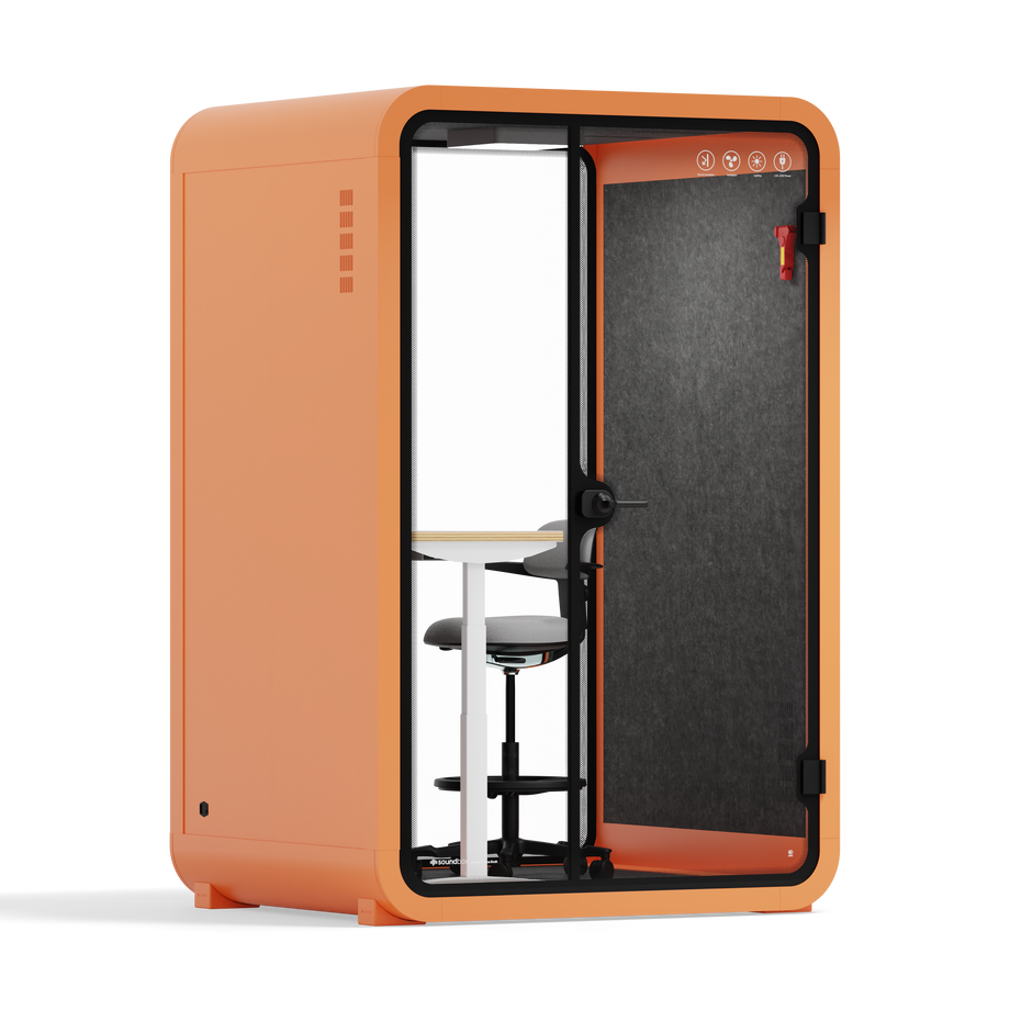 Office Phone Booth Quell - 2 PersonOrange / Dark Gray / Electric Adjustable Work Station + Stool