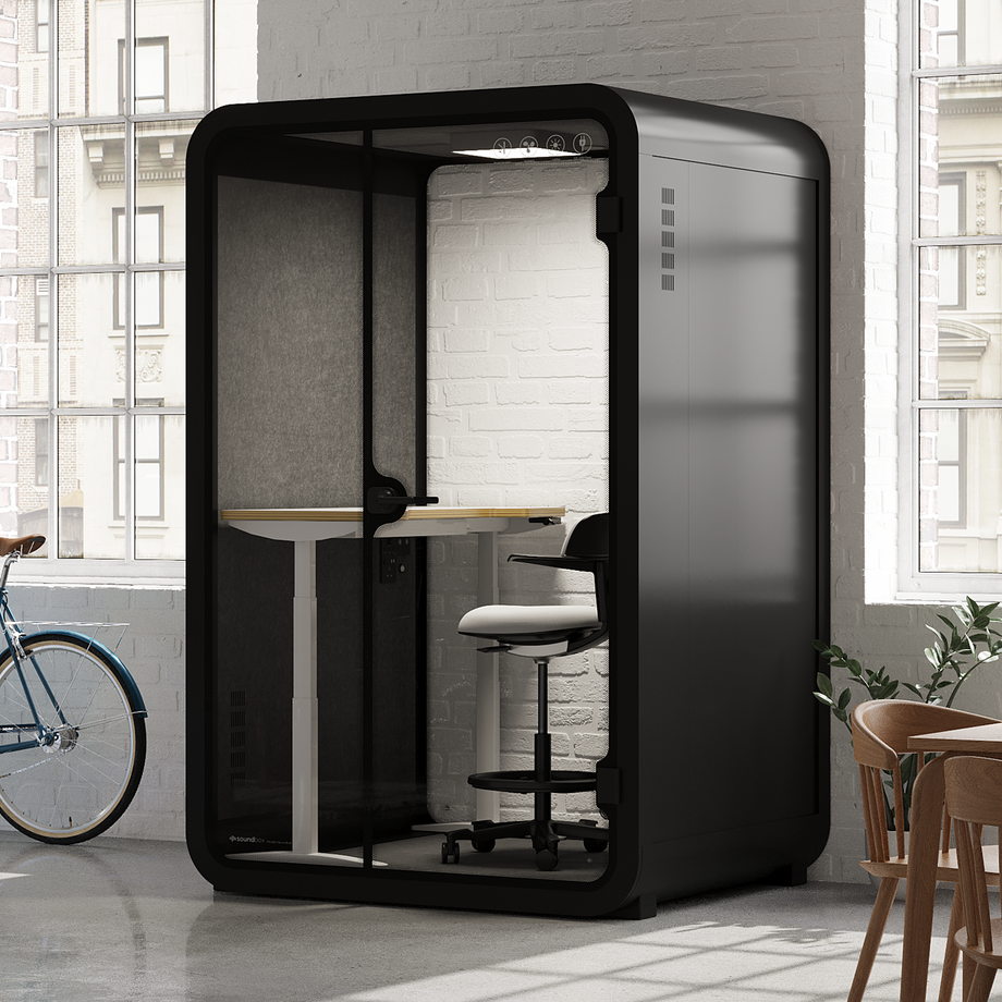 Office Phone Booth Quell - 2 PersonCharcoal / Dark Gray / Electric Adjustable Work Station + Stool