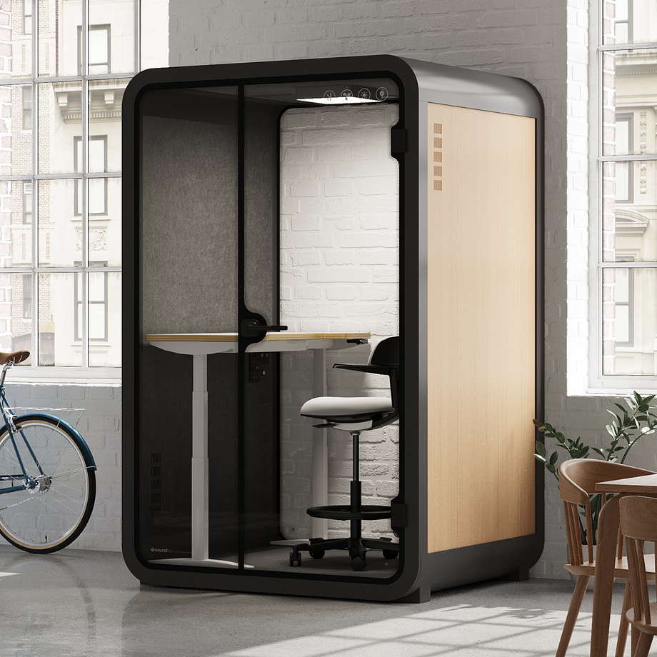 Office Phone Booth Quell - 2 PersonWooden / Dark Gray / Electric Adjustable Work Station + Stool