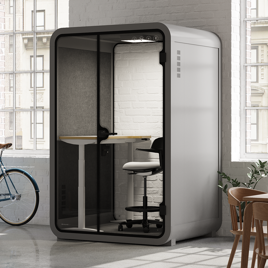Office Phone Booth Quell - 2 PersonLight Grey / Dark Gray / Electric Adjustable Work Station + Stool