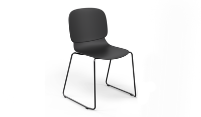 Aarhus Bistro Glide Stackable Chair by Quell Design – sculptural modern chair in black moulded polypropylene shell and sleek electrostatic powder-coated steel frame. The ergonomic, contoured seat offers comfort while its stackable design makes it perfect for dynamic office, café or communal spaces.