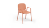 Aarhus Bistro Arm Chair by Quell Design – a modern Scandinavian-style chair in coral with an ergonomic moulded polypropylene seat and integrated curved armrests. Supported by slim black powder-coated steel legs, this elegant and durable chair is ideal for collaborative offices, cafés, and contemporary dining spaces, blending comfort, functionality, and minimalist design.