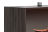 Skanfor Collaborative Breakfast Bar, close-up view of the external, ebony wood and internal mocha brown finish.