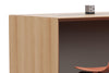 Skanfor Collaborative Breakfast Bar, close-up view of the external, oak wood and internal mocha brown finish.
