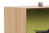 Skanfor Collaborative Breakfast Bar, close-up view of the external, oak wood and internal olive green finish.