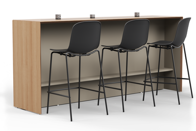 Skanfor Collaborative Breakfast Bar, angled view of the oak wood external, warm grey internal, single sided.
