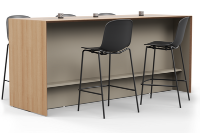 Skanfor Collaborative Breakfast Bar, angled view of the oak wood external, warm grey internal, double-sided bar.