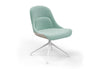Bloom Chair by Quell Design – a modern Scandinavian-style chair in soft pastel aqua with a smooth contoured seat upholstered in linen-velvet and eco PU panels. Supported by a sleek black Eiffel-style steel base, this elegant and comfortable chair brings a touch of colour and minimalist sophistication to contemporary interiors, perfect for hospitality, dining, or office settings.