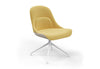 Bloom Chair by Quell Design – a modern Scandinavian-style chair in yellow with a smooth contoured seat upholstered in linen-velvet and eco PU panels. Supported by a sleek black Eiffel-style steel base, this elegant and comfortable chair brings a touch of colour and minimalist sophistication to contemporary interiors, perfect for hospitality, dining, or office settings.