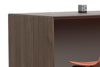 Skanfor Collaborative Breakfast Bar, close-up view of the external, walnut wood and internal mocha brown finish.