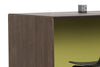 Skanfor Collaborative Breakfast Bar, close-up view of the external, walnut wood and internal olive green finish.