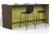 Skanfor Collaborative Breakfast Bar, angled view, walnut wood external, olive green internal, double-sided bar, additional bar stools and modesty screen.