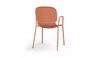 Aarhus Bistro Arm Chair by Quell Design – a modern Scandinavian-style chair in coral with an ergonomic moulded polypropylene seat and integrated curved armrests. Supported by slim black powder-coated steel legs, this elegant and durable chair is ideal for collaborative offices, cafés, and contemporary dining spaces, blending comfort, functionality, and minimalist design.