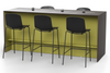 Skanfor Collaborative Breakfast Bar, alternate angled view, ebony wood external, olive green internal, double-sided bar, additional bar stools and modesty screen.