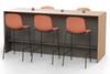 Skanfor Collaborative Breakfast Bar, alternate angled view, oak wood external, mocha brown internal, double-sided bar, additional bar stools and modesty screen.