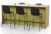 Skanfor Collaborative Breakfast Bar, alternate angled view, oak wood external, olive green internal, double-sided bar, additional bar stools and modesty screen.