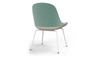 Bloom ergonomic office chair by Quell Design — pastel aqua upholstered contoured seat with linen-velvet and eco PU panels, mounted on slender black steel legs with subtle wraparound support structure. Elegant and sculptural, the chair adds refined comfort and modern design to contemporary interiors.